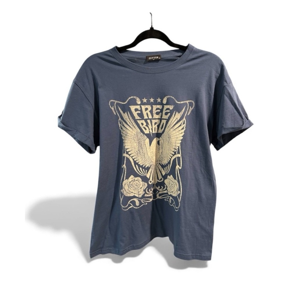 Zutter Free Bird Graphic Tee Blue Distressed Eagle Rose Rocker T-Shirt Small